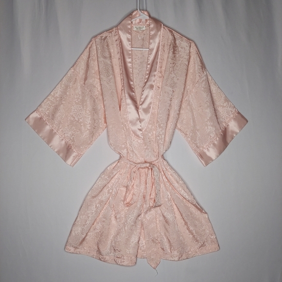 Vtg Victoria's Secret Satin Robe OSFM Jacquard Pink Satin Belted Short FLAW HOLE